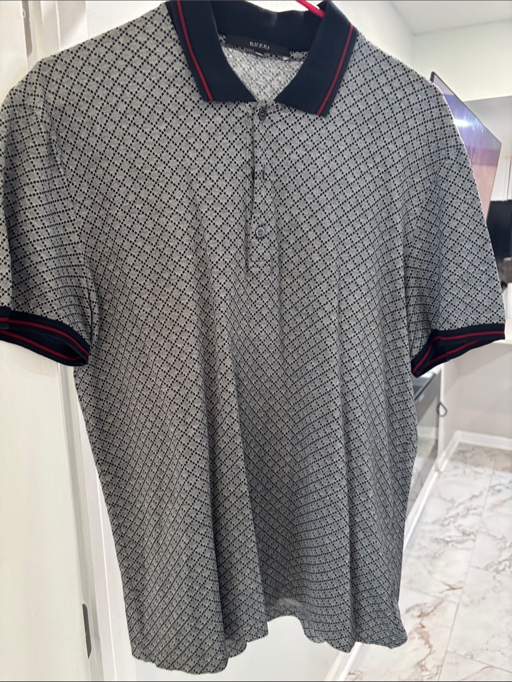 Gucci Grey Geometric Polo with Black Collar and Red Trim